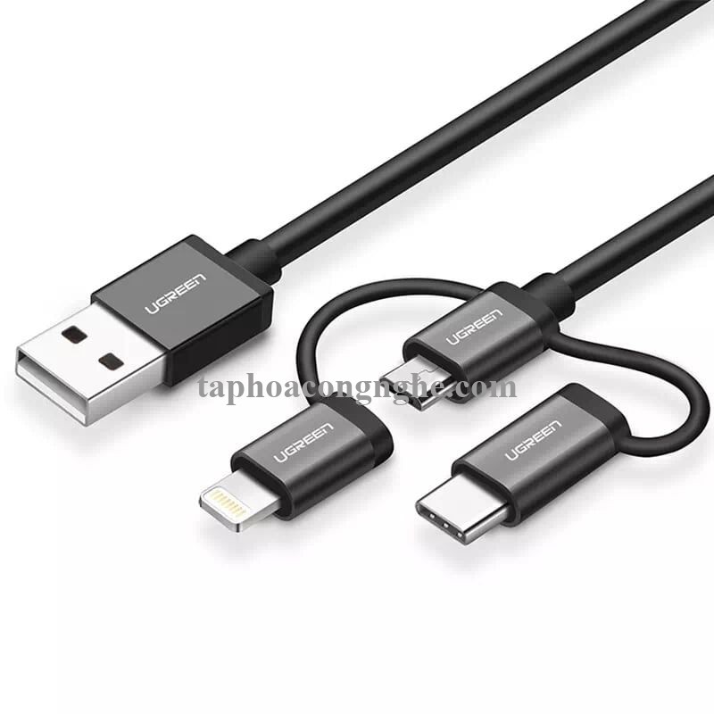 Ugreen 30783 0.5M màu Đen Cáp sạc đa năng USB sang TypeC + Micro + Lightning US186 30030783